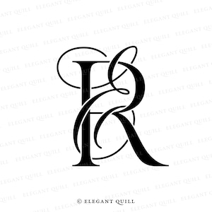 Puede incluir: Monograma en blanco y negro de las letras "R" e "I" entrelazadas en una fuente de escritura decorativa. Las letras están estilizadas con florituras y curvas. El monograma está sobre un fondo blanco. El texto "© ELEGANT QUILL" aparece en la parte inferior de la imagen.