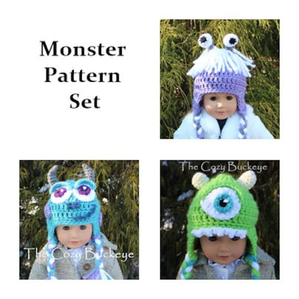 CROCHET PATTERN - Monster Hat Set Crochet Patterns for 18" Doll