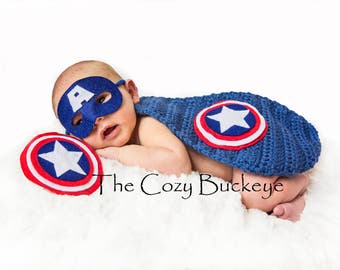 CROCHET PATTERN - Newborn America Superhero Cape Mask and Shield Set - Newborn Prop - Superhero Character