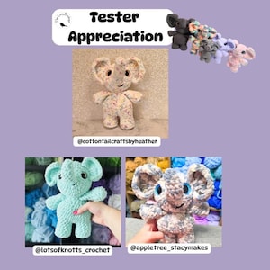 Puede incluir: Imagen que muestra varios juguetes de elefante de ganchillo en varios colores, incluyendo azul, rosa y gris. El texto "Tester Appreciation" se muestra en la parte superior. Los juguetes hechos a mano tienen orejas grandes y expresiones amigables.