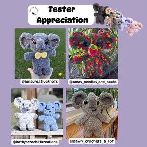 Puede incluir: Un collage de juguetes de elefante de ganchillo hechos a mano en varios colores, incluyendo patrones grises, azules y arco&iacute;ris. La imagen incluye el texto "Tester Appreciation" y los identificadores de redes sociales de los creadores.