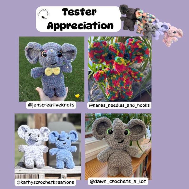 Puede incluir: Un collage de juguetes de elefante de ganchillo hechos a mano en varios colores, incluyendo patrones grises, azules y arco&iacute;ris. La imagen incluye el texto "Tester Appreciation" y los identificadores de redes sociales de los creadores.