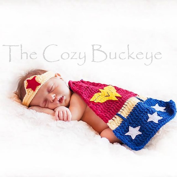 CROCHET PATTERN - Newborn Woman Superhero Cape, Wristlets and Crown Set - Newborn Prop - Superhero Character