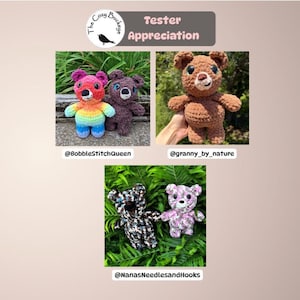 May include: Image features several crocheted teddy bears in various colors and patterns. One bear has rainbow-colored fur, another is brown, and others have patterned designs. The text "Tester Appreciation" is at the top.