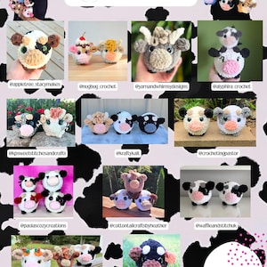 Puede incluir: Un collage que muestra varios peluches de vaca de ganchillo hechos a mano. Las vacas presentan diferentes colores y dise&ntilde;os, incluyendo manchas, cuernos y accesorios. La imagen incluye el texto "Tester Appreciation" y "Page 9".
