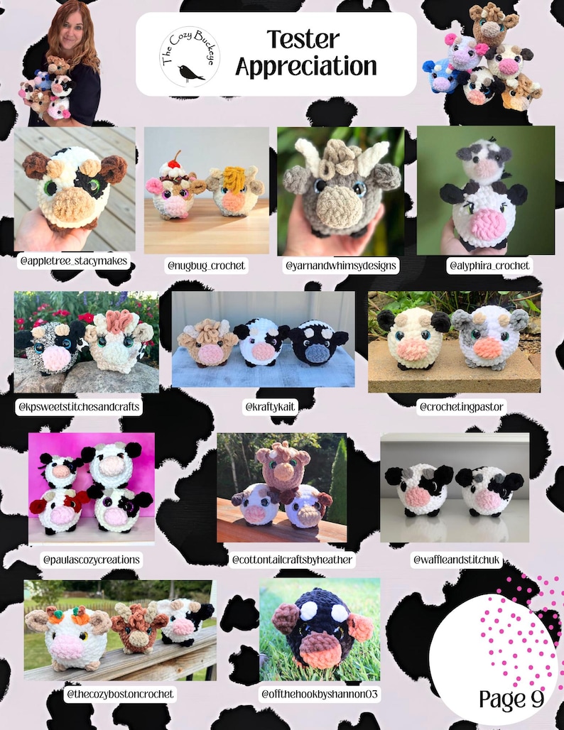 Puede incluir: Un collage que muestra varios peluches de vaca de ganchillo hechos a mano. Las vacas presentan diferentes colores y dise&ntilde;os, incluyendo manchas, cuernos y accesorios. La imagen incluye el texto "Tester Appreciation" y "Page 9".