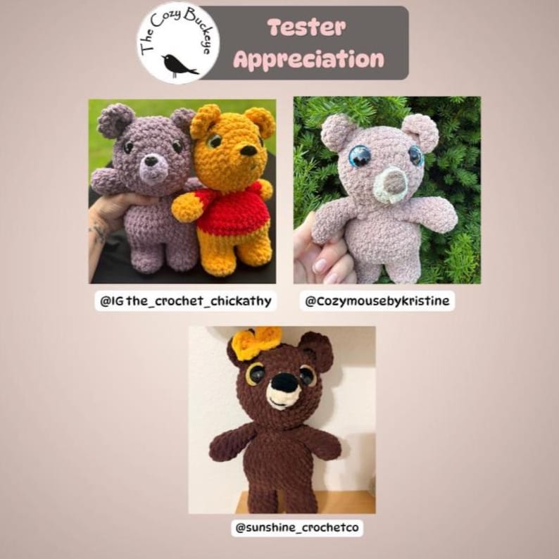May include: A collage of four handmade crochet teddy bears in various colors. One is purple, one is yellow with a red shirt, one is light pink, and one is brown with a yellow bow. The text "Tester Appreciation" is at the top.