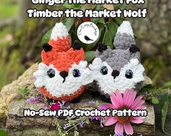 Patrón de peluche de zorro y lobo a crochet: Animales de mercado sin costura (Descarga en PDF) Ginger, el zorro del mercado, y Timber, el lobo del mercado