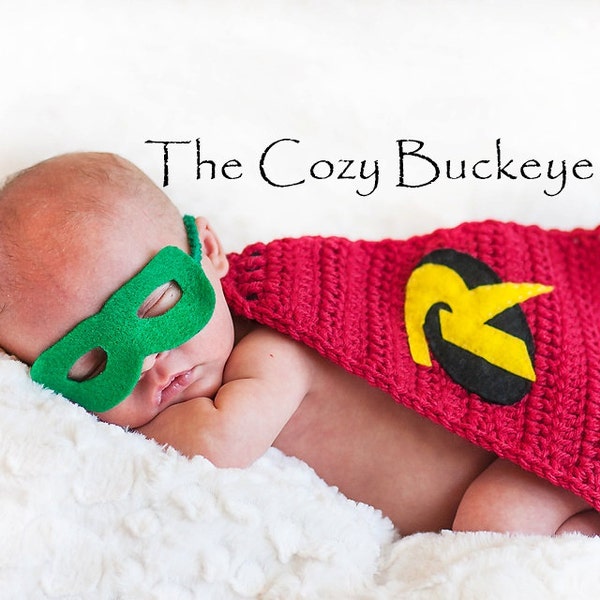 CROCHET PATTERN - Newborn Robin Inspired Crochet Cape & Felt Mask - Newborn Prop - Superhero Character