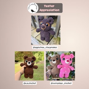 May include: Image featuring three crocheted bear plushies in various colors: dark purple, brown, and pink. The bears have large eyes and are displayed in different settings. The text "Tester Appreciation" is at the top.