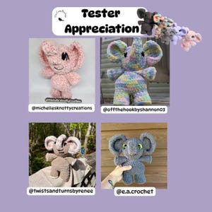 Puede incluir: Una colecci&oacute;n de juguetes de elefante hechos a mano con ganchillo en varios colores, incluyendo rosa, arco&iacute;ris, gris y azul. La imagen incluye el texto "Tester Appreciation" y nombres de usuario de redes sociales. Estos juguetes blandos son perfectos para ni&ntilde;os.
