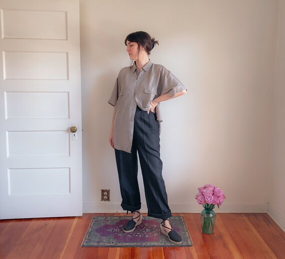 90s Taupe Silk Boyfriend Blouse | Beige Silk Butto