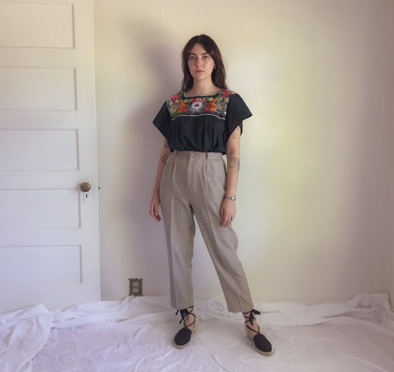 70s Forest Green Floral Embroidered Peasant Top |