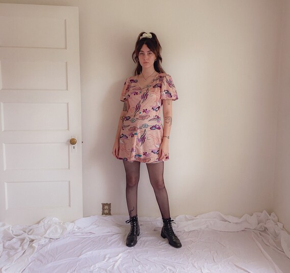 70s Pink Crane Geometric Floral Novelty Print Mini
