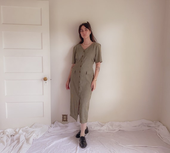90s Olive Pinstripe Rayon Midi Dress | Button Down