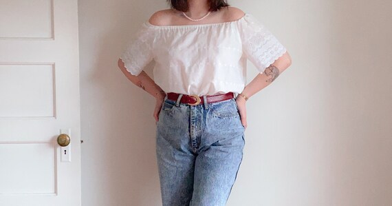 80s 90s Cotton Eyelet Peasant Top | Vintage Off Th
