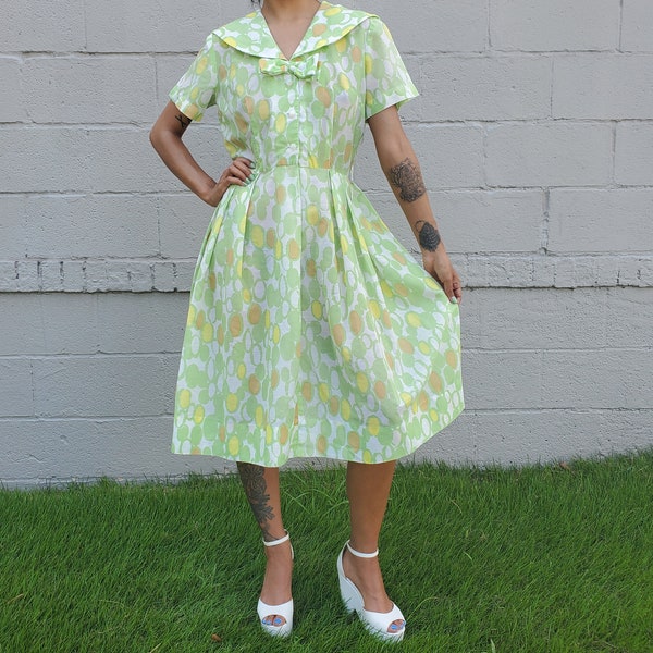 Vintage 50s 60s Gloria Swanson Puritan Forever Young Green Yellow Circle Print Semi Sheer Sailor Collar Cotton Midi Summer Day Dress