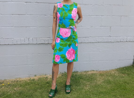 SmallMedium Vintage 60/'s Sleeveless Blue /& Green Saturated Cabbage Rose Floral Dress with Bubble Hem Skirt and Big Waist Bow by Rosenfeld