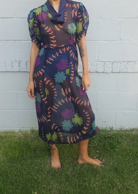 Vintage 30s 40s Sheer Silk Chiffon Navy Blue Novel