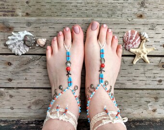 Ariel beach barefoot sandals mermaid soleless sandals shell footless sandals bridal sandals wedding jewelry periwinkle and orange footwear