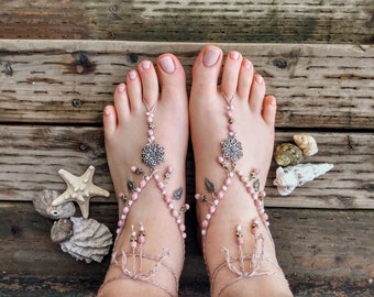Blush Pink Crochet Barefoot Sandals with Silver Flower, Beach Wedding Jewelry