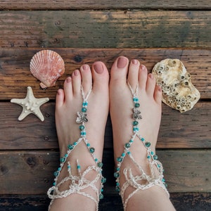 Beach wedding Barefoot sandals turquoise soleless sandals bridal footless sandals flower boho white silver