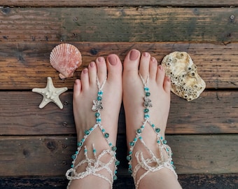 Beach Wedding Barefoot Sandals: Turquoise Beads, Silver Flower