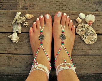Silver Bridal Barefoot Sandals: Turquoise & Pink Beaded Boho Foot Jewelry