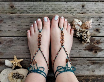 Crochet jewelry boho woodland barefoot sandals beaded footless sandals hippie