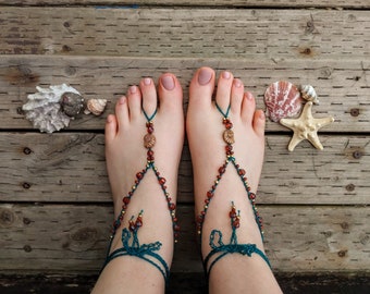 Crocheted Barefoot Sandals: Emerald & Bronze Boho Foot Jewelry
