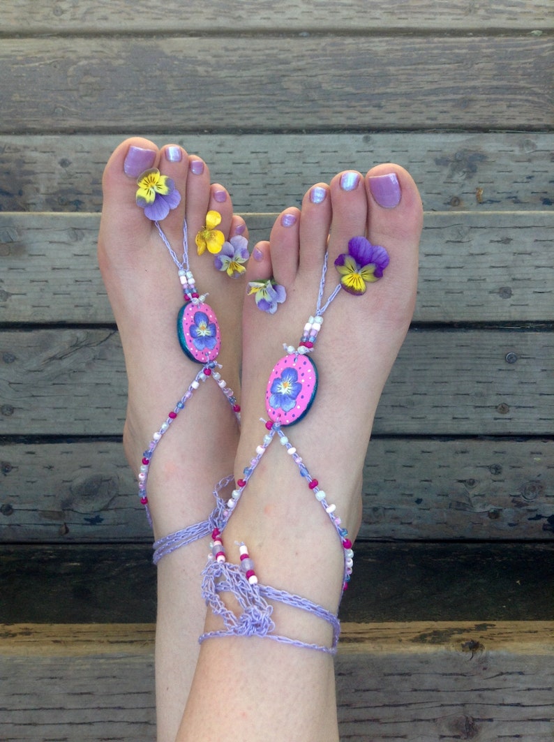 Pansy flower barefoot sandals beach wedding jewelry soleless sandals footless sandals bridal jewelry hand painted polymer clay