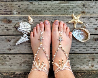 Cream Crochet Barefoot Sandals: Starfish Beach Wedding Foot Jewelry