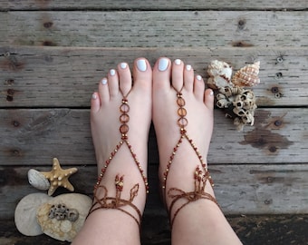 Brown crochet barefoot sandals woodland fairy footless sandals beaded beach wedding jewelry