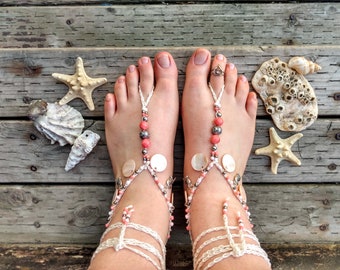 Crochet Barefoot Sandals: Silver Bird Charms, Peach & White Beads