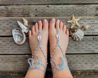 Cowrie Shell Barefoot Sandals: Periwinkle Crochet Beach Jewelry