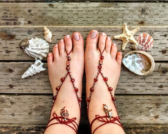 Red Beaded Barefoot Sandals, Crochet Beach Foot Jewelry