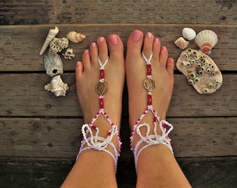 Rosa Perlen Barfuß Sandalen - Gehäkelter Braut Fuß Schmuck
