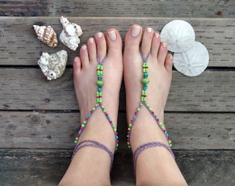 Colorful Beaded Barefoot Sandals, Beach Wedding Foot Jewelry