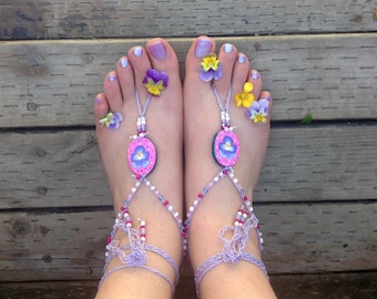 Hand Painted Pansy Barefoot Sandals, Lilac Crochet Beach Jewelry