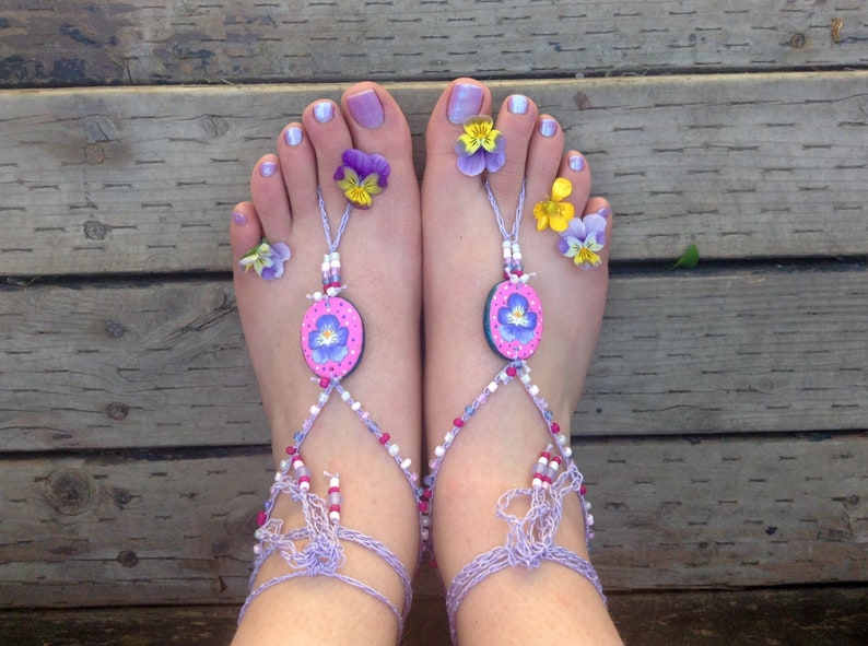 Pansy flower barefoot sandals beach wedding jewelry soleless sandals footless sandals bridal jewelry hand painted polymer clay