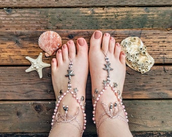 Blush Pink Barefoot Sandals, Silver Starfish & Shell Anklet