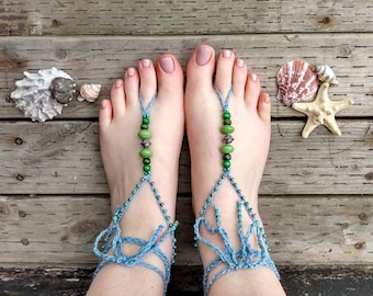 Green Beaded Barefoot Sandals, Beach Wedding Foot Jewelry