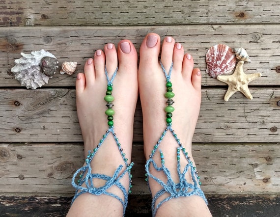 Green Boho Barefoot Sandals Beach Wedding Soleless Sandals Hippie Bridal Footless Sandals Beaded Foot Jewelry Etsy