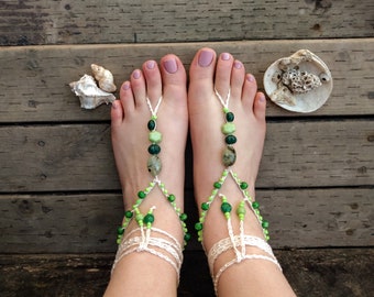 Green beach barefoot sandal soleless sandals footless sandalsboho gypsy accessory wedding bridal foot jewelry