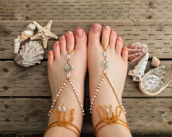 Crocheted Barefoot Sandals: Beaded Beach Wedding Foot Jewelry