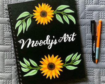 Personalized Hand Painted Sketchbook with Name or Custom Text / Gift for Artists / Custom Sketchbook Cover with Flowers