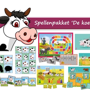 Könnte beinhalten: Ein farbenfrohes Spieleset mit Kuh-Motiv. Das Set beinhaltet ein Brettspiel, ein Memory-Spiel, ein Zuordnungsspiel und ein Kartenset. Das Spieleset ist für Kinder konzipiert und zeigt eine Comic-Kuh-Illustration.