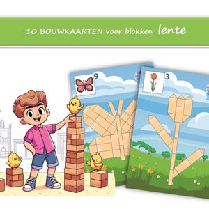 Op de afbeelding: Educatieve kaarten voor kinderen met voorbeelden van blokken bouwen. De kaarten tonen afbeeldingen van een vlinder en een bloem gemaakt van blokken, een kind en speelgoedkuikens. De tekst luidt "10 bouwkaarten voor blokken lente".