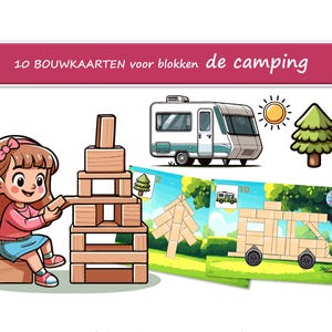 Puede incluir: Ilustración de una niña construyendo una torre con bloques de madera. La imagen incluye una caravana, un sol y un pino. El texto dice "10 tarjetas de construcción para bloques de camping".