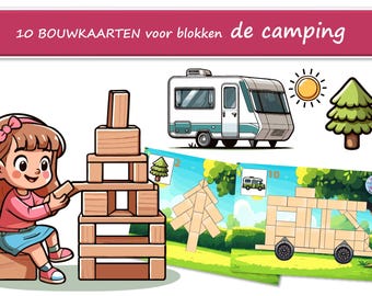 Puede incluir: Ilustración de una niña construyendo una torre con bloques de madera. La imagen incluye una caravana, un sol y un pino. El texto dice "10 tarjetas de construcción para bloques de camping".